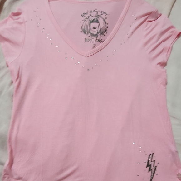 Betsey Johnson Pink Bedazzled V neck T-Shirt Sz Large - Picture 8 of 10